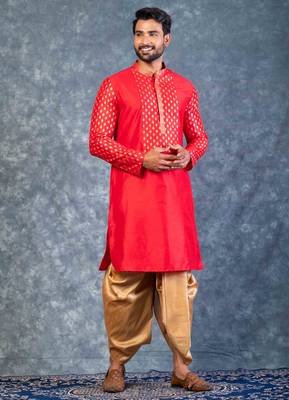 red dupion kurta dhoti  set for men with embroidered work 2