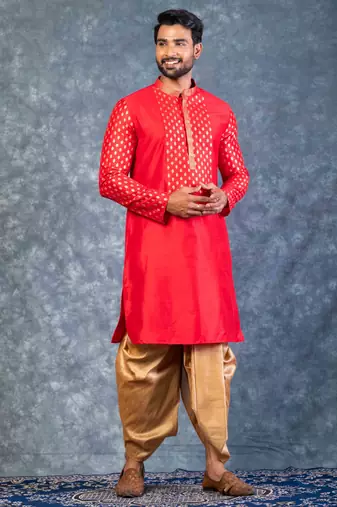 red dupion kurta dhoti  set for men with embroidered work