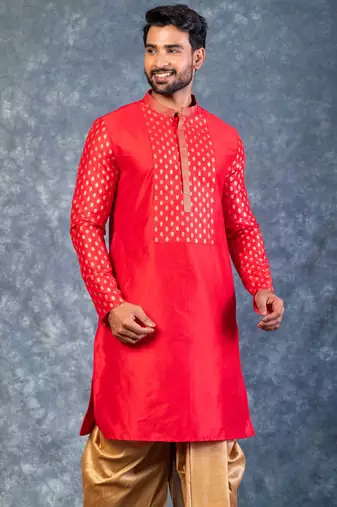 red dupion kurta dhoti  set for men with embroidered work