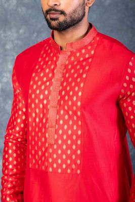 red dupion kurta dhoti  set for men with embroidered work 4