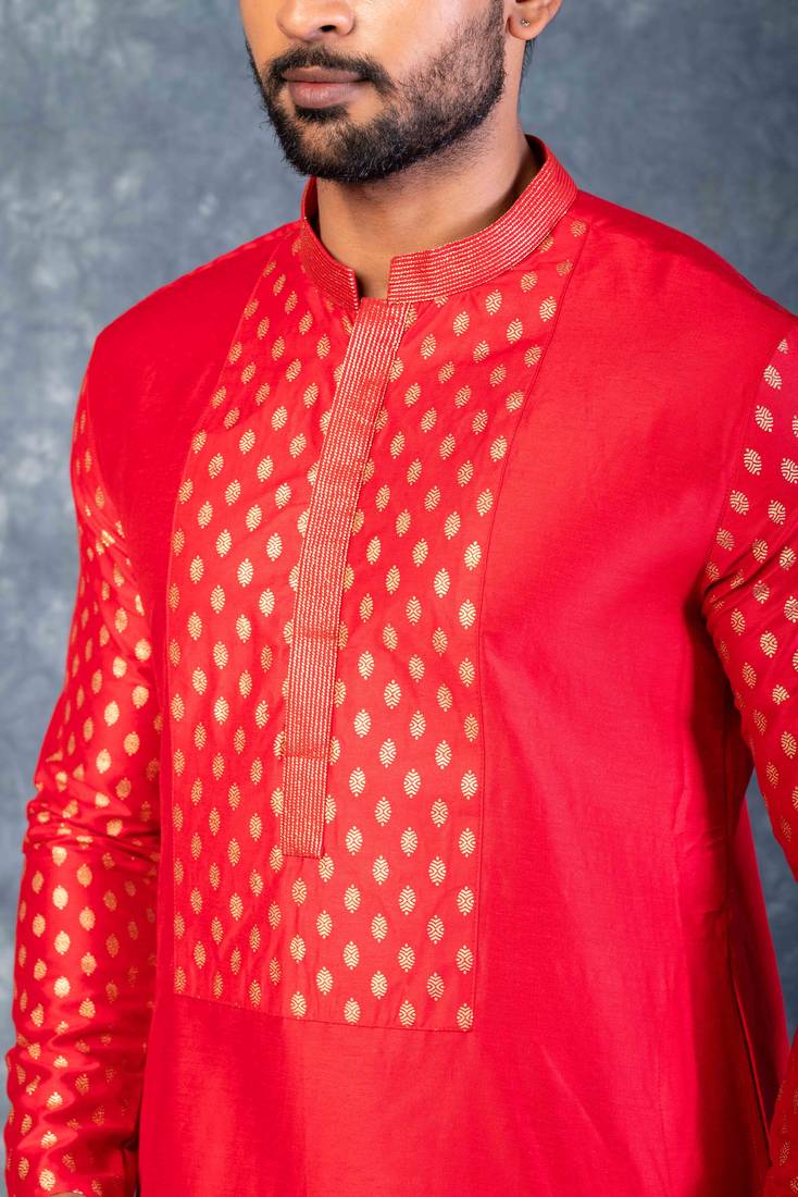 red dupion kurta dhoti  set for men with embroidered work
