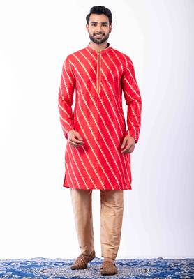 red dupion kurta pyjama set for men with printed design 1