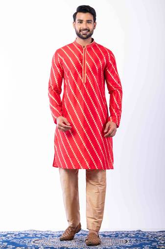 red dupion kurta pyjama set for men with printed design