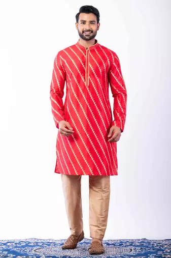 red dupion kurta pyjama set for men with printed design