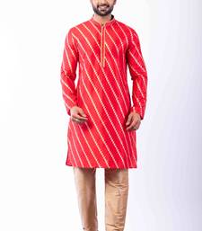 red dupion kurta pyjama set for men with printed design