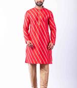 red dupion kurta pyjama set for men with printed design