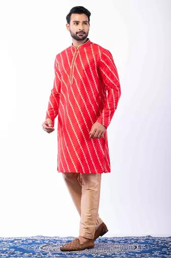 red dupion kurta pyjama set for men with printed design
