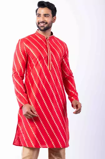 red dupion kurta pyjama set for men with printed design
