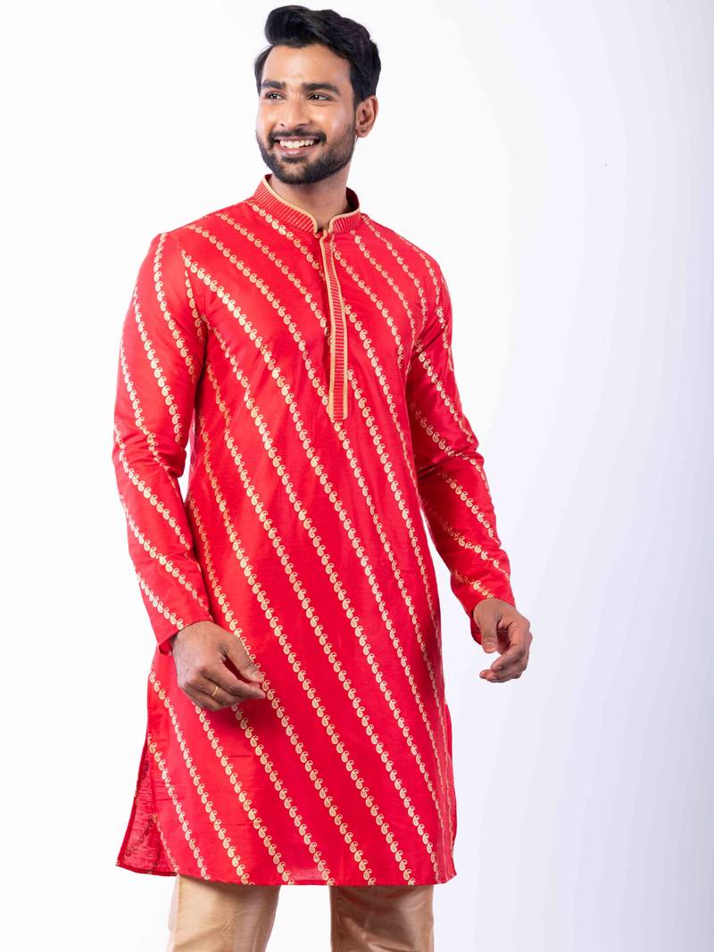 red dupion kurta pyjama set for men with printed design