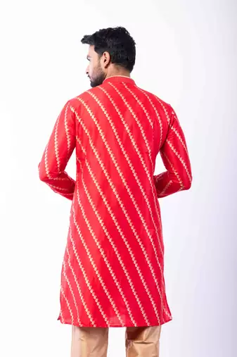 red dupion kurta pyjama set for men with printed design