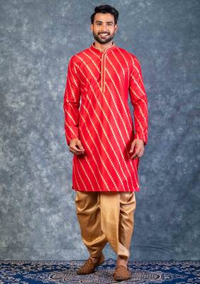 red dupion kurta dhoti  set for men with embroidered work 1
