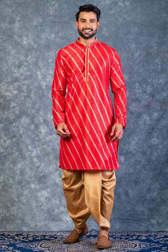 red dupion kurta dhoti  set for men with embroidered work