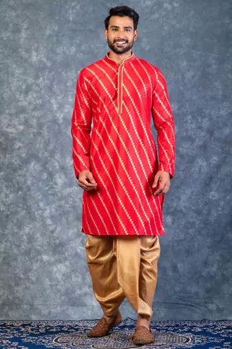 red dupion kurta dhoti  set for men with embroidered work