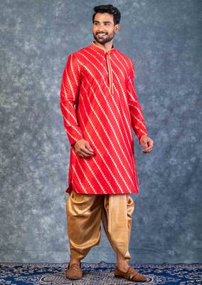 red dupion kurta dhoti  set for men with embroidered work 2