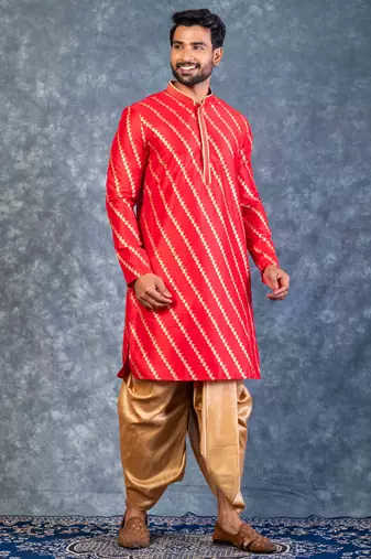 red dupion kurta dhoti  set for men with embroidered work