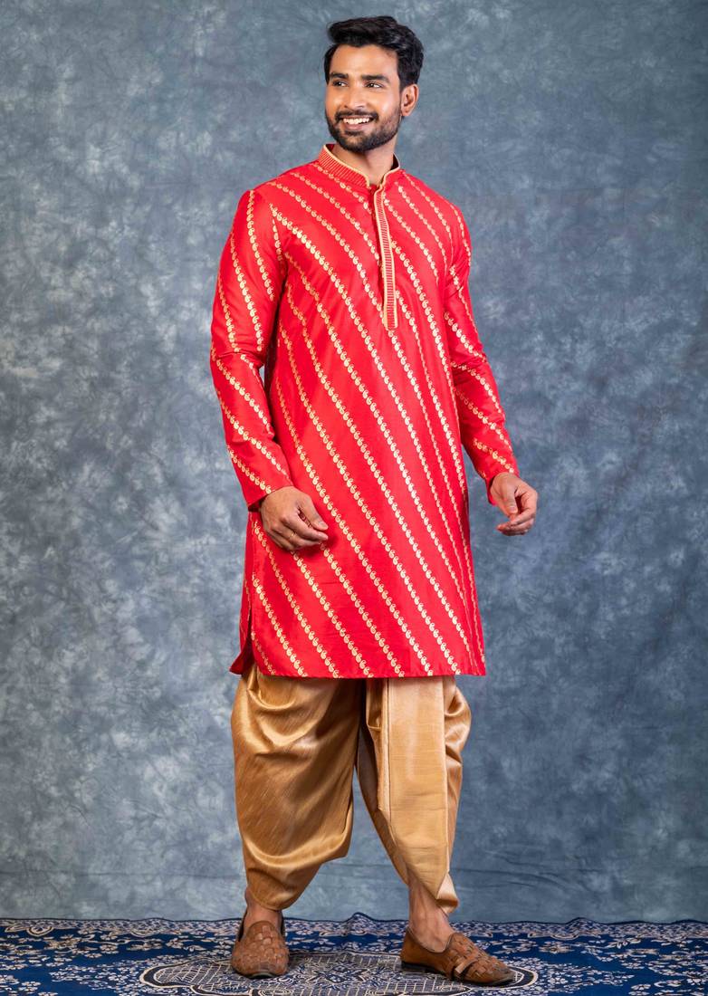 red dupion kurta dhoti  set for men with embroidered work