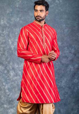 red dupion kurta dhoti  set for men with embroidered work 3