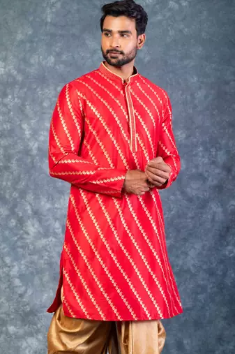 red dupion kurta dhoti  set for men with embroidered work