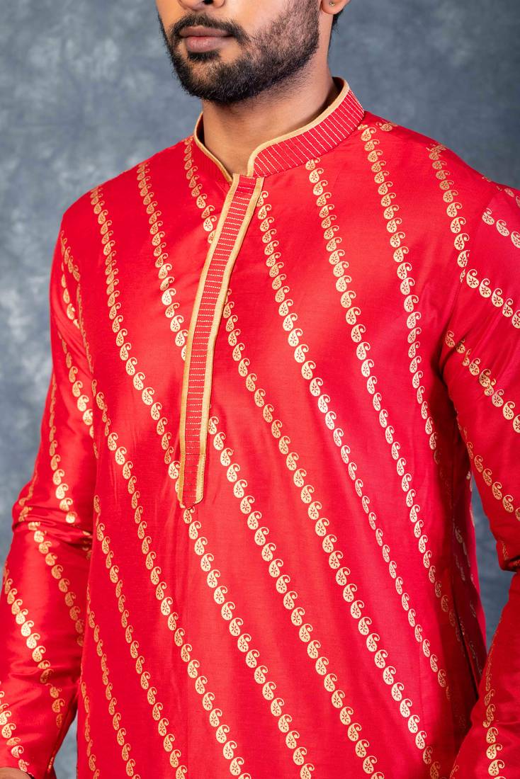 red dupion kurta dhoti  set for men with embroidered work