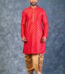 red dupion kurta dhoti  set for men with embroidered work