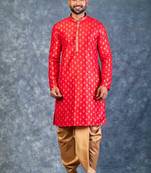 red dupion kurta dhoti  set for men with embroidered work