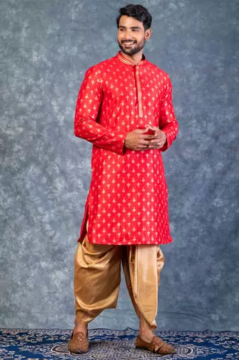 red dupion kurta dhoti  set for men with embroidered work