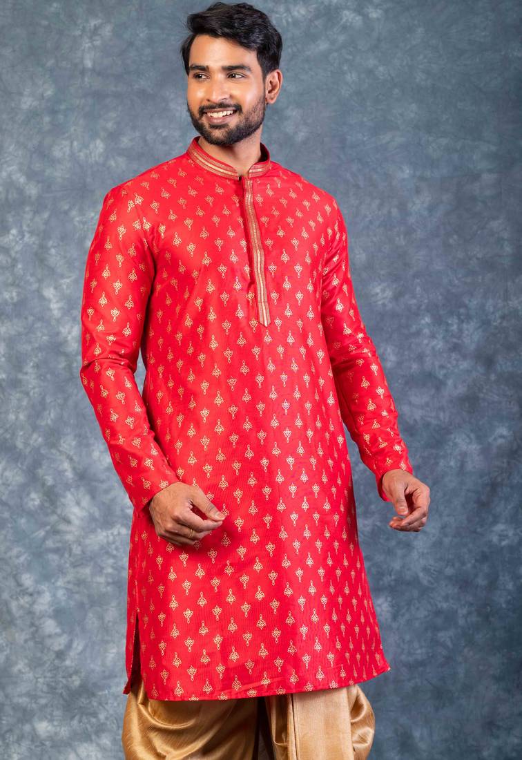 red dupion kurta dhoti  set for men with embroidered work
