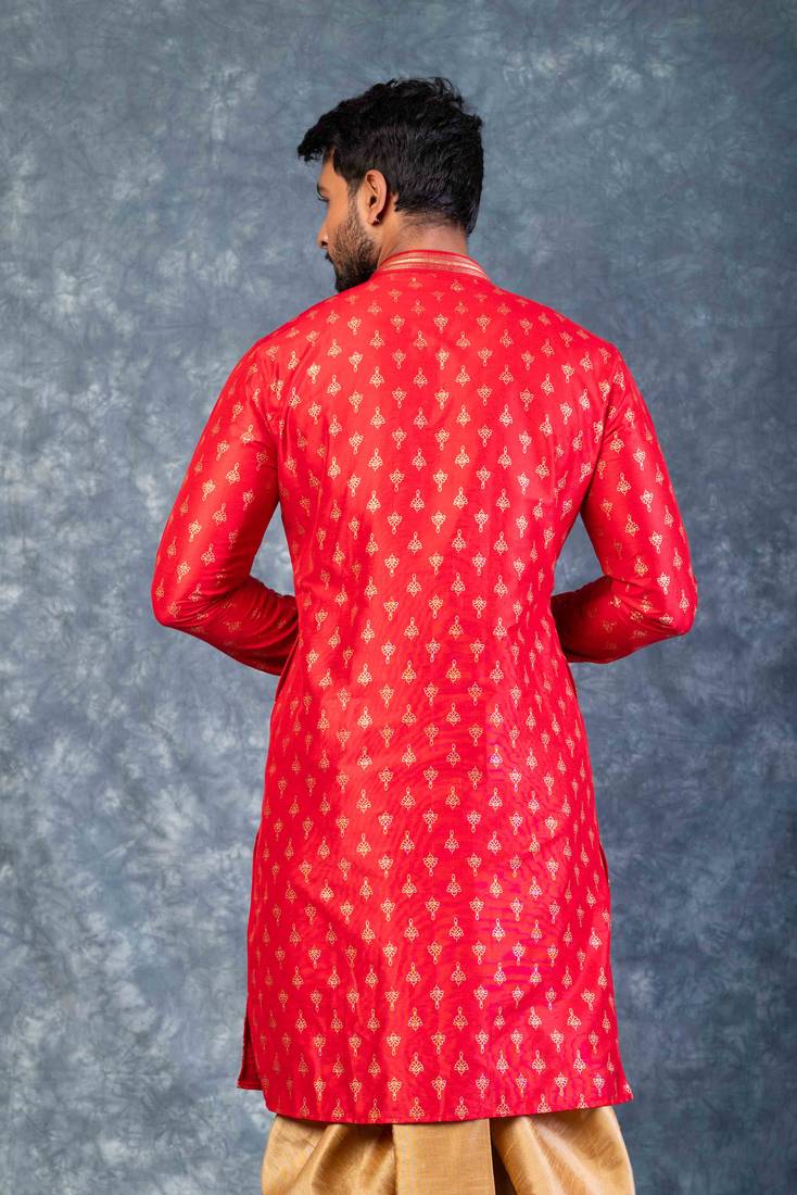 red dupion kurta dhoti  set for men with embroidered work