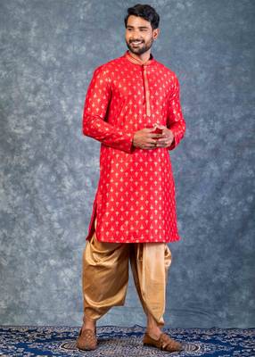 red dupion kurta dhoti  set for men with embroidered work 1