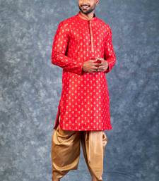 red dupion kurta dhoti  set for men with embroidered work