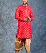 red dupion kurta dhoti  set for men with embroidered work