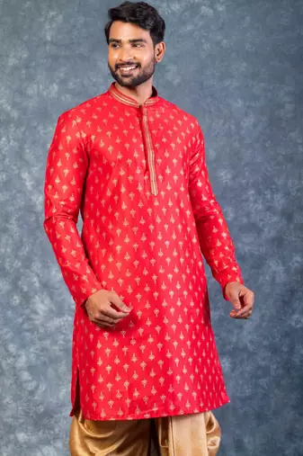 red dupion kurta dhoti  set for men with embroidered work