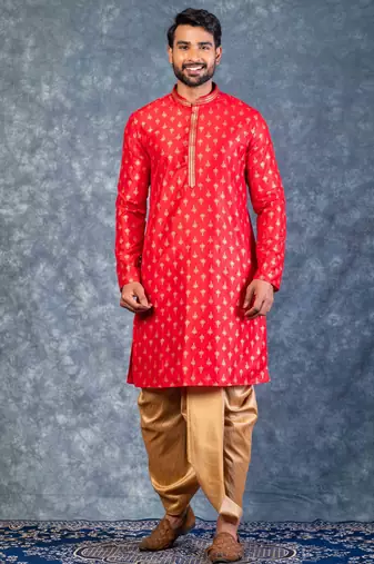 red dupion kurta dhoti  set for men with embroidered work