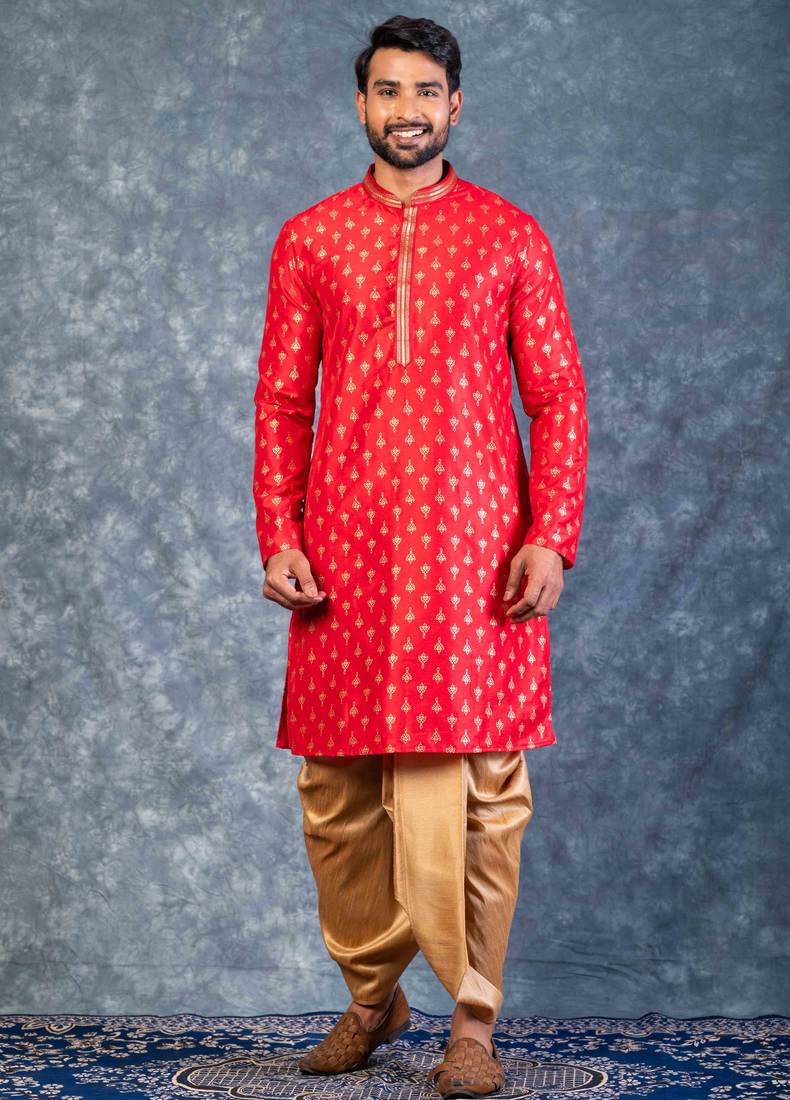 red dupion kurta dhoti  set for men with embroidered work