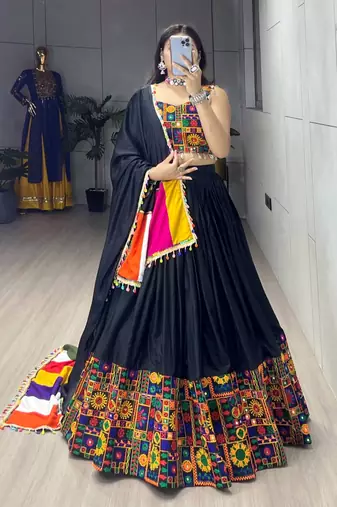 BLACK RAYON COTTON EMBROIDERY  SEMI STICHED NAVRATRI CHANIYA CHOLI