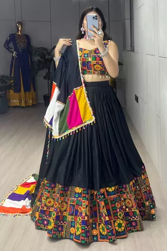 BLACK RAYON COTTON EMBROIDERY  SEMI STICHED NAVRATRI CHANIYA CHOLI