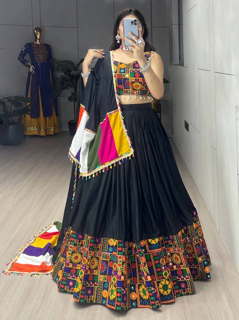 BLACK RAYON COTTON EMBROIDERY  SEMI STICHED NAVRATRI CHANIYA CHOLI