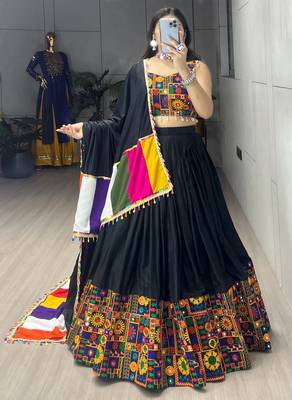 BLACK RAYON COTTON EMBROIDERY  SEMI STICHED NAVRATRI CHANIYA CHOLI 3