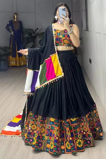 BLACK RAYON COTTON EMBROIDERY  SEMI STICHED NAVRATRI CHANIYA CHOLI