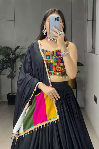BLACK RAYON COTTON EMBROIDERY  SEMI STICHED NAVRATRI CHANIYA CHOLI