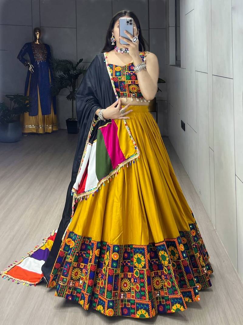 MUSTERD RAYON COTTON EMBROIDERY NAVRATRI CHANIYA CHOLI- full stitched free size