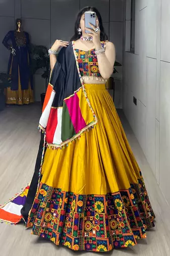 MUSTERD RAYON COTTON EMBROIDERY NAVRATRI CHANIYA CHOLI- full stitched free size