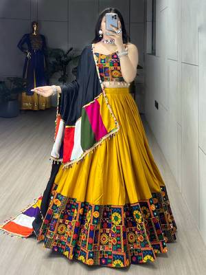 MUSTERD RAYON COTTON EMBROIDERY NAVRATRI CHANIYA CHOLI- full stitched free size 3