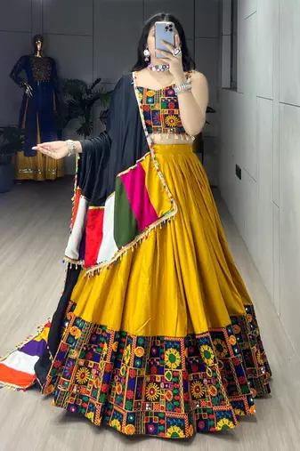 MUSTERD RAYON COTTON EMBROIDERY NAVRATRI CHANIYA CHOLI- full stitched free size
