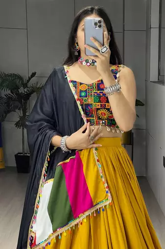 MUSTERD RAYON COTTON EMBROIDERY NAVRATRI CHANIYA CHOLI- full stitched free size