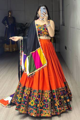 ORANGE RAYON COTTON EMBROIDERY NAVRATRI CHANIYA CHOLI- full stitched free size