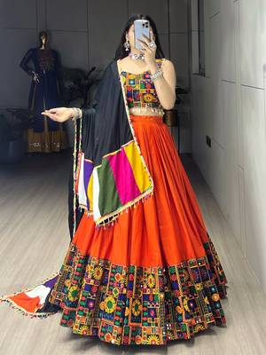 ORANGE RAYON COTTON EMBROIDERY NAVRATRI CHANIYA CHOLI- full stitched free size 2