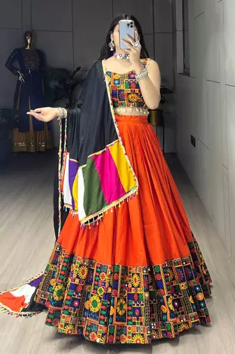 ORANGE RAYON COTTON EMBROIDERY NAVRATRI CHANIYA CHOLI- full stitched free size