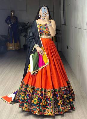 ORANGE RAYON COTTON EMBROIDERY NAVRATRI CHANIYA CHOLI- full stitched free size 3