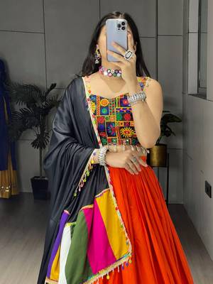 ORANGE RAYON COTTON EMBROIDERY NAVRATRI CHANIYA CHOLI- full stitched free size 4